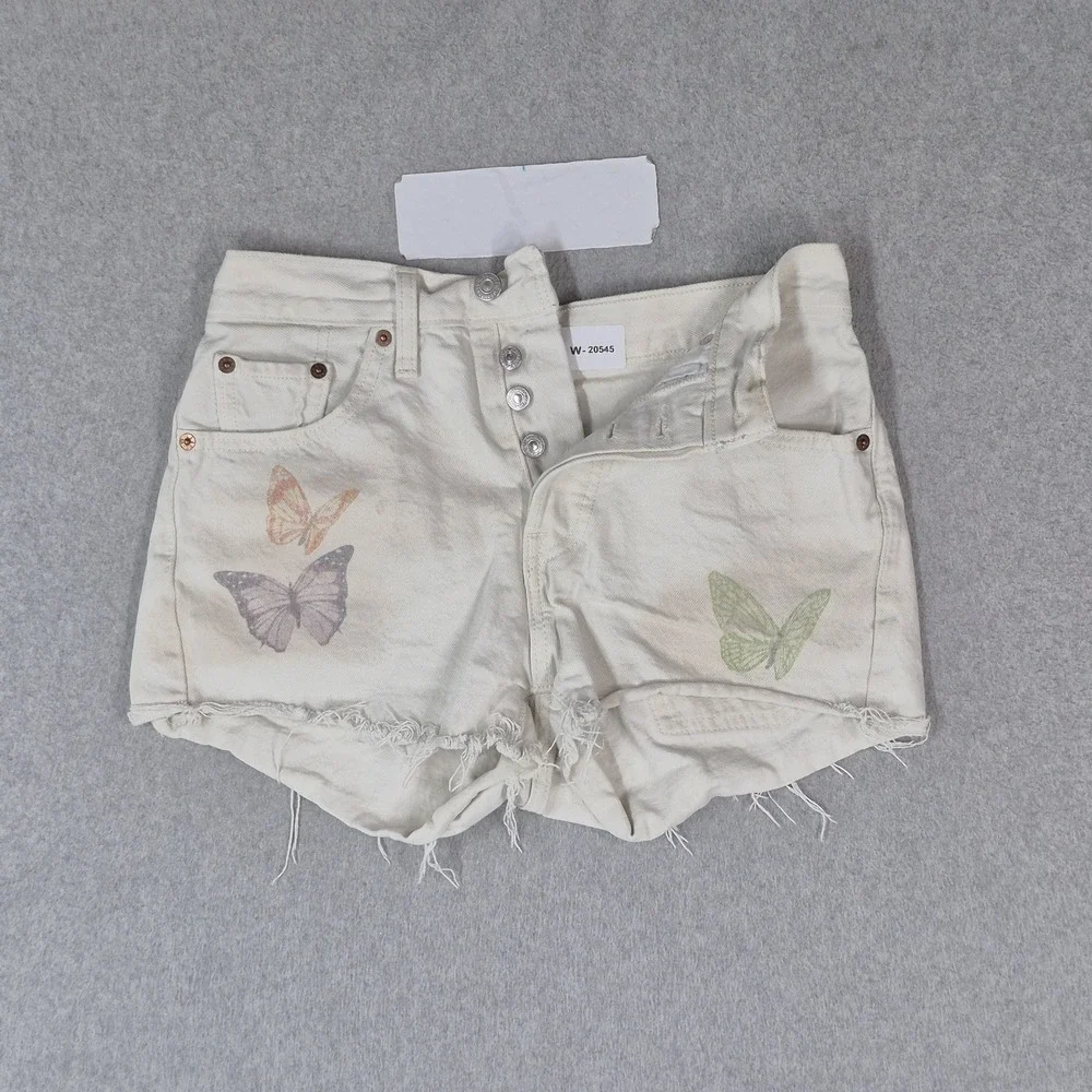 Levi's Women Shorts 26 White Denim Embroidered Shorts Graphic Cut Off